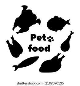 Icons For Food Packaging For Pets. Black Vector Silhouette On A White Background. Food For Cats And Dogs. Turkey, Fish, Chicken Drumstick Icon. Image For Packaging.
Ingredients For Pet Food.