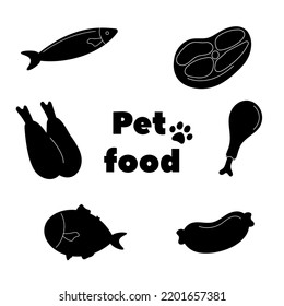 Icons For Food Packaging For Pets. Black Vector Silhouette On A White Background. Food For Cats And Dogs. Turkey, Fish, Chicken Drumstick Icon. Image For Packaging.Ingredients For Pet Food.