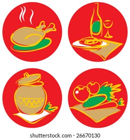 Icons with foods and drinks. Vector illustration.