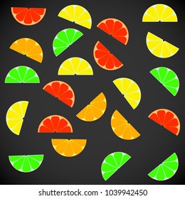 Icons in the form of backgrounds of juice from fresh citrus fruits, slices, sliced, grapefruit, orange, lemon, kiwi, mango, avocado, peach. Vector illustration. Background of a healthy lifestyle.