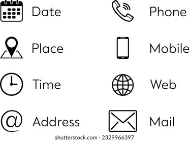 Iconos en forma de fecha, lugar, hora, dirección, teléfono, móvil, web y correo