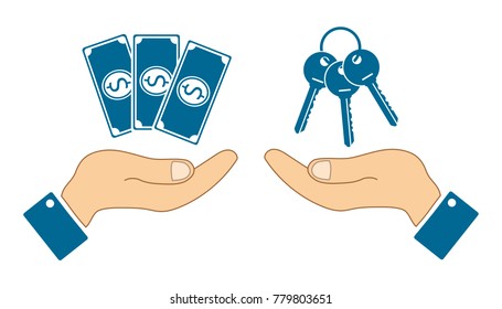 icons in the form of dollar bill and keys with human hands isolated