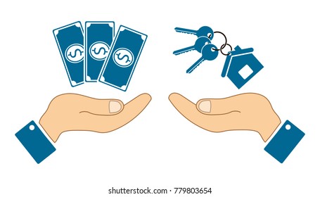 icons in the form of dollar bill and keys with human hands isolated