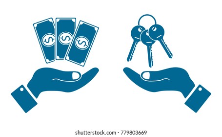icons in the form of dollar bill and keys with human hands isolated