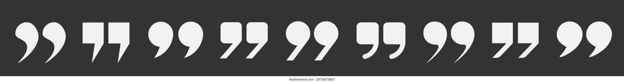 Icons in the form of quotation marks on a black background. A set of light quotation marks, isolated round and square vector icon in the form of a comma. Vector EPS 10.
