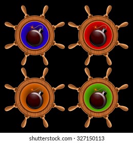 icons in the form of a ship steering wheel with pirate bomb inside