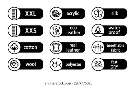 Icons In Form Of Stripes With Image Of Sizes, Cotton, Wool, Leather, Water Resistance, Silk, Acrylic, Polyester, Fast-drying And Breathable Fabrics. Vector Illustration For Clothing And Fabrics.