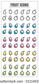 icons fruit color blck blue pink Yellow green vector on white background