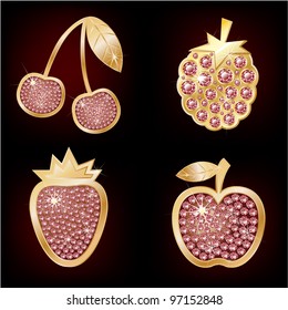 Symbole von Früchten, die mit Diamanten geschmückt sind.