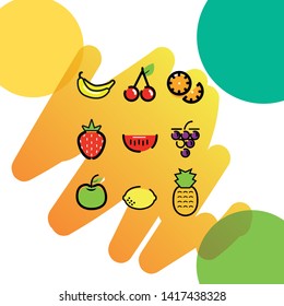 Icons Fruit Set , Banana Stawberry  Orange Pineapple Lemon Apple Watermelon Grape And Cherry