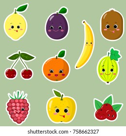 Icons of fruit smiley stickers with a white outline in the set.