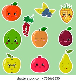 Icons of fruit smiley stickers with a white outline in the set.