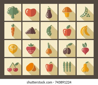 Icons of fruit and vegetables in style of a retro