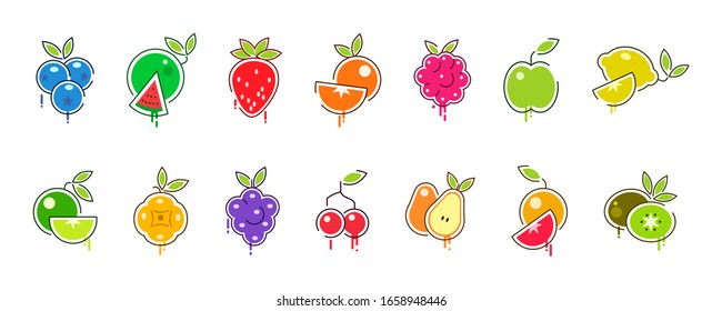 Icons of fruits and berries. Vector illustration. Raspberry grapefruit strawberry Apple orange pear lemon kiwi lime blueberry BlackBerry cloudberry cherry watermelon. Collection of fruit pictograms