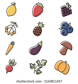 Icons of fruits and vegetables in outline or line style. Icons set for any web and app project.