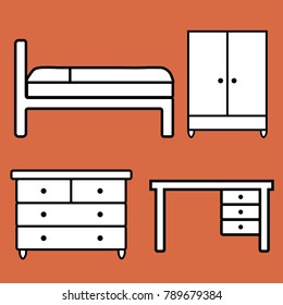icons of furniture: bed, Desk, wardrobe, chest of drawers