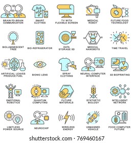 Icons of future technologies. Nanotechnology, robotization and cloning in medicine, neuroprosthetics, the creation of new materials and products, solar energy. The thin contour lines with color fills.