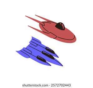 Icons of futuristic spaceship and UFO. Spacecraft of aliens. Space shuttle for interstellar travel. Rockets, ships, starships for cosmos flights. Flat isolated vector illustration on white background