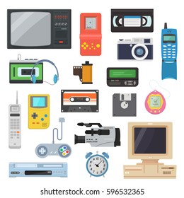 Symbole der Gadgets der 90er Jahre in einem flachen Stil. Retro-Spielkonsole, Kamera, Videokassette, Player, Vintage-TV, Pager und andere Elektronik. Eine Reihe von Hipster-Gadgets. 