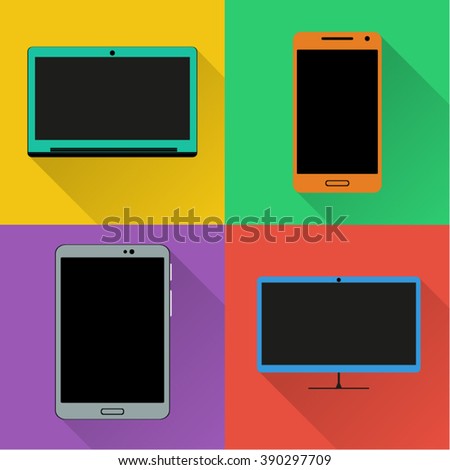 Icons of gadgets and devises with black touch screen on the colored background, flat design, set of monitor, tablet, notebook and smartphone, empty screen, web design, vector, eps 10