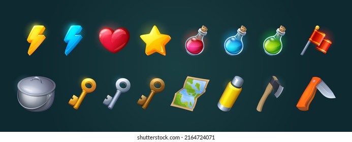 Icons for game about hiking, camping, tourism. Vector cartoon set of symbols of heart, lightning, knife, map, bottles with potions, map, flag and thermos isolated on white background