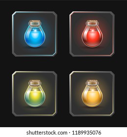 Icons for game. Bottles with glowing potion in different colors. Vector illustration