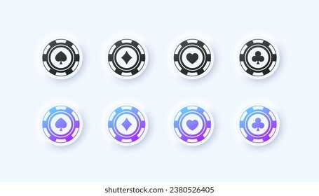 Icons of game card suits. Different styles, clubs, diamonds, hearts, spades, suits, cards, chips. Vector icons