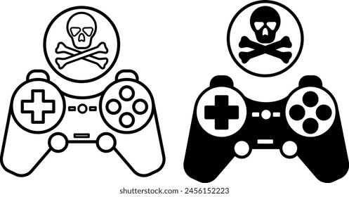 Icons Game Over. Black and White Vector Icons. Gaming Gamepad and Skull and Bones. Cybersport. Computer Games Concept
