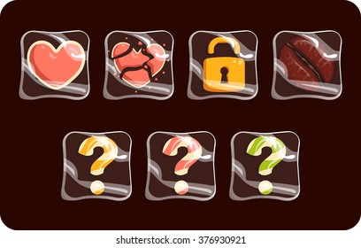 Icons for gamesunder ice set. Vector design for app user interface. coffee bean, question mark, heart, broken heart, door lock