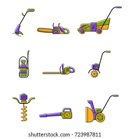 Icons of gardening power tools. Technique for garden and lawn care