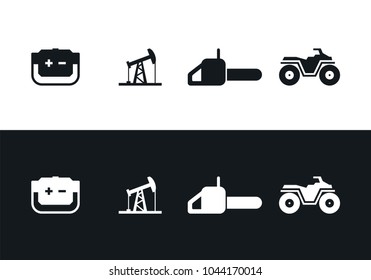 Icons generator, chainsaw, ATV, oil rocking in black and white. Set