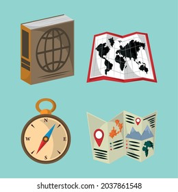 compás y libro de mapas geográficos de iconos