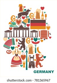 Iconos de Alemania en forma de mapa.Símbolos culturales, arquitectónicos y gastronómicos tradicionales de Alemania