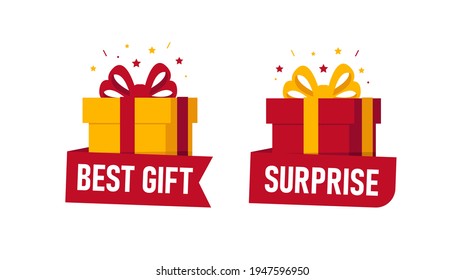 Iconos de caja de regalo en perspectiva, ajo simple en colores vivos rojos y amarillos con cinta y papel de confeti y origami con copia, aislado