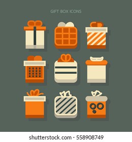 icons gift boxes icons set with bows and ribbons white ribbons Orange vector illustration Vector