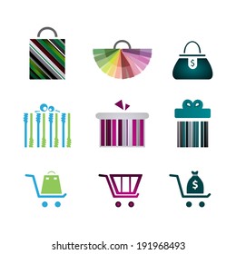 Icons of gift boxes, shopping icons, shopping carts, bags. Vector
