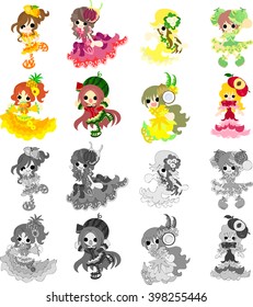 The icons of girls in fruits dresses