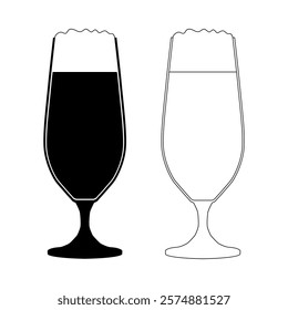 Icons of a glass of beer. Black silhouette and black outline of a glass on a thin stem. Oktoberfest. Alcoholic drink. Vector illustration for design and web.