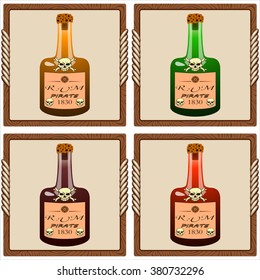 icons with glass bottles of pirate rum vector