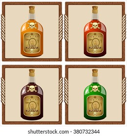 icons with glass bottles of pirate rum vector