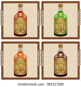 icons with glass bottles of pirate rum vector