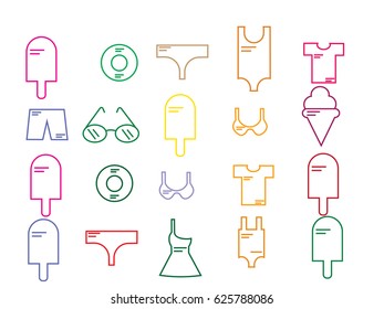 Icons of glasses, swimsuits, ice cream, lifebuoys, summer clothes.