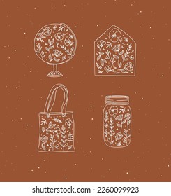 Icons globe, envelope, hand bag, jar of jam with flowers drawing on mustard background
