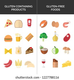 Icons with gluten containing food products and gluten-free products.