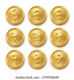 Icons of gold coins with different currencies set. Collection symbols of vector illustration of realistic money signs