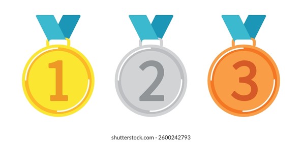 Icons of gold, silver and bronze medals with a blue ribbon. Flat style, variously colored illustration. Awards to winners in various competitions for the first, second, third place. illustrations