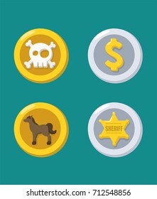 Icons of gold and silver coins: with a skull; with a horse; with the sheriff's star; with a dollar sign.