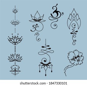 icons with good luck symbols: clover, clover,lotos, om