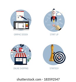 Icons for graphic design, start up, online shopping and strategy. Flat style. Vector
