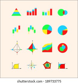 Icons for graphs and charts. Set of colored economic graph and charts.